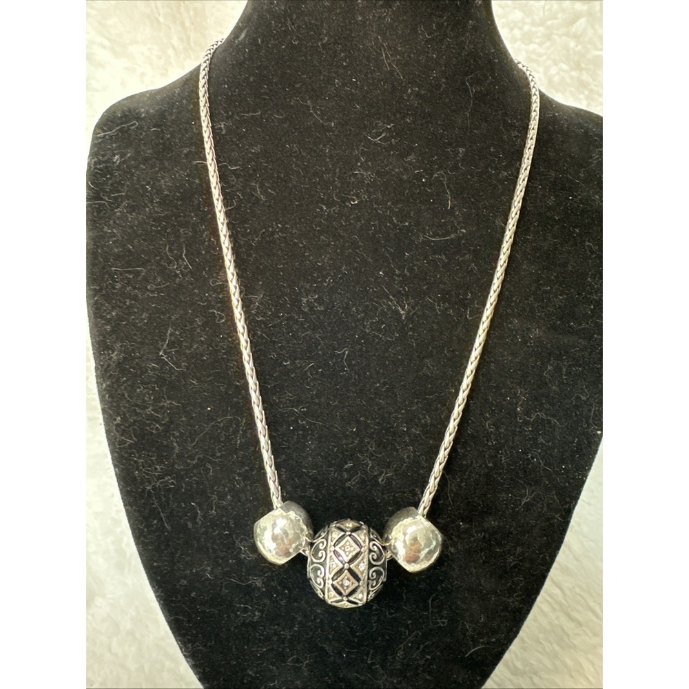 Brighton Silver Necklace Black Filigree Rhinestone Charm  - Holiday Gift Retired